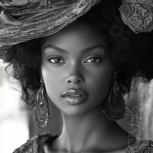 Puede incluir: Retrato en blanco y negro de una persona con un sombrero grande y estampado y pendientes ornamentados. La persona tiene la piel oscura, labios carnosos y mira directamente al espectador. La imagen es un primer plano.