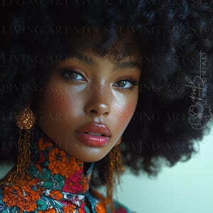 May include: A portrait of a person with dark skin, freckles, and voluminous dark curly hair. They are wearing long, dangling gold textured earrings and a high-neck garment featuring a vibrant floral pattern with orange, red, and green tones.