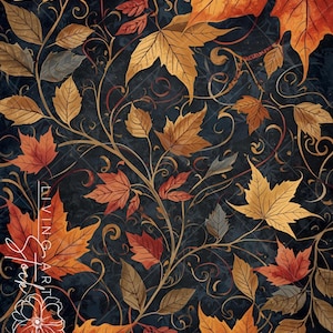 May include: A dark background featuring a pattern of orange, red, and yellow maple leaves intertwined with thin, swirling brown vines. The text "LIVING ART STOCK" is visible in white on the left side, accompanied by a small floral line drawing.
