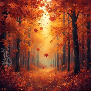Op de afbeelding: Een dicht bos tijdens de herfst met hoge bomen met levendig oranje, rood en geel gebladerte. Talrijke esdoornbladeren vallen door de lucht naar een bodem die bedekt is met een dikke laag gevallen bladeren. Het zonlicht schijnt fel.