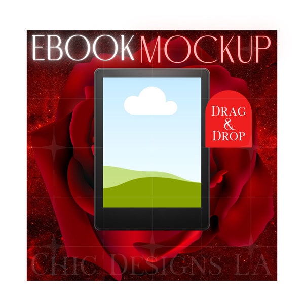 Red Rose E-book Cover Mockup Featuring Black E-reader with Large Rose Blossom in the Background| Canva Drag & Drop Mockup Template