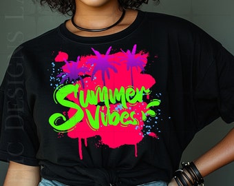 Neon Summer Vibes Png Transparent Clipart Design in Pink, Green & Purple with Palm Trees, Summertime T-shirt Designs, PNG Sublimation Design