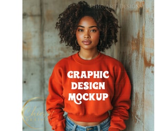 Burnt Orange Crewneck Sweatshirt African American Woman with Natural Hair Mockup Digital Download with Cement Wall in the Background