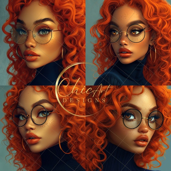 Belle femme rousse animée noire/ethnique de 4 images, dessin animé féminin avec cheveux roux et taches de rousseur, designs de couverture de livre, conte