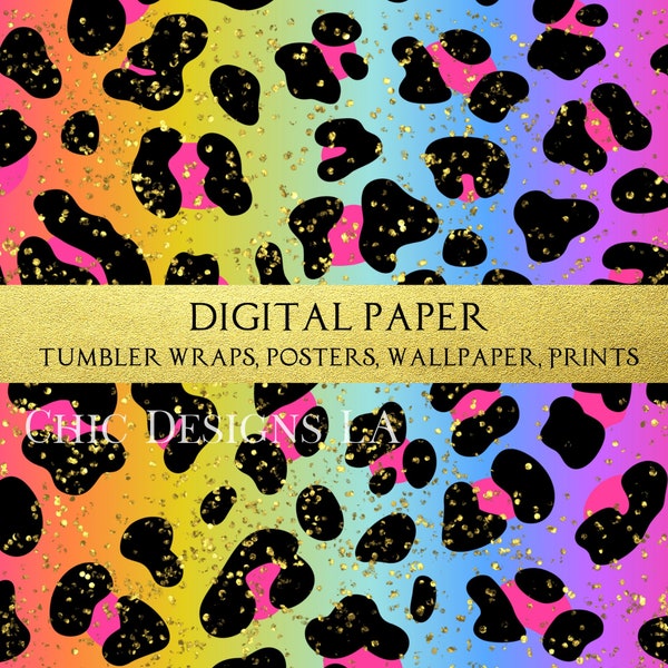 Neon Ombre Glitter Leopard Print with Gold Glitter, Digital Paper Pack, Digital Sheet, Digital Background, Digital Backgrounds