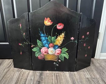 Black Floral Painted 3 Panel Decorative Fireplace Screen