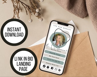Puede incluir: La pantalla de un teléfono móvil muestra una página de aterrizaje de redes sociales con una foto de una mujer y el texto "Hi. I'm Shanna." La página incluye enlaces a la tienda Etsy de la mujer, su armario, su pintura favorita, Stitch Fix y su lista de deseos de Amazon. El texto "THE OAK MARKET" está en la parte superior de la página.