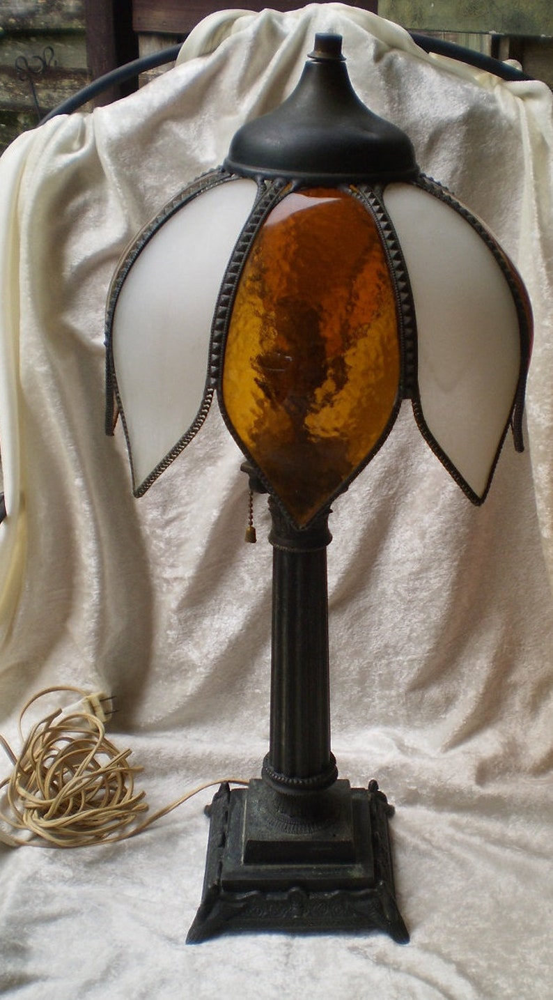 Antique Bronze Table Lamp Pair Point Style Swan Base With Original Tulip Stain Curved Glass Shade 1930 S