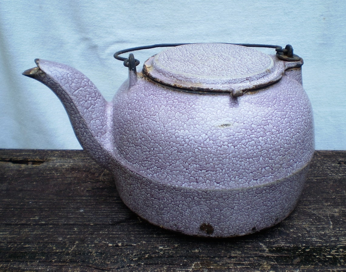 Antique Cast Iron Tea Kettle With Rare Purple Enameled Finish Etsy