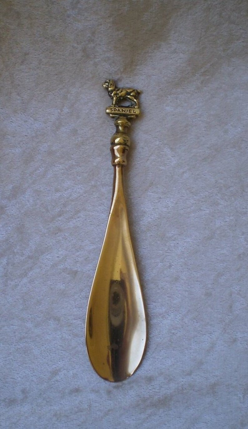 brass shoe horns long handles on Shoes Shoehorns Vintage English Solid Brass Shoe Horn With English Spaniel Dog Figurine 1960 S