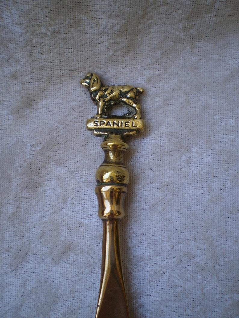 brass shoe horns long handles on Shoes Shoehorns Vintage English Solid Brass Shoe Horn With English Spaniel Dog Figurine 1960 S