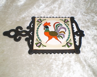 Vintage Ceramic Cast Metal Trivet Rooster Design-1960's