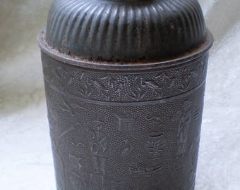 Antique Early Chinese Dynasty Tea Caddy Canister-Hand Pressed Tin Design-1900's