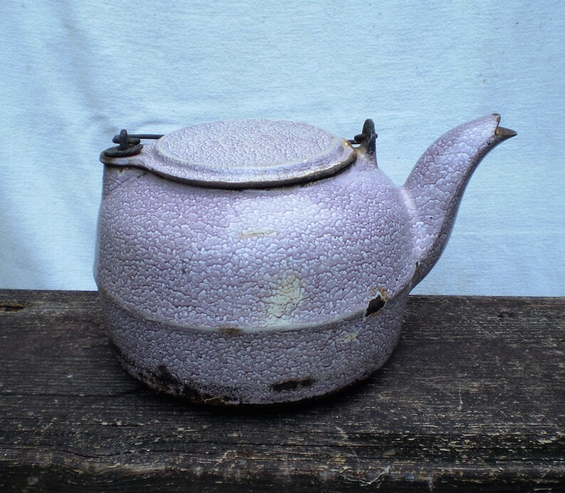Antique Cast Iron Tea Kettle With Rare Purple Enameled Finish Etsy