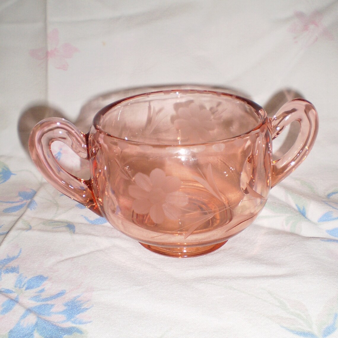 Antique Pink Depression Glass Sugar Bowl Etched Etsy