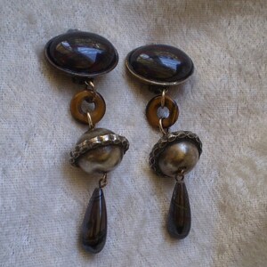 Vintage Malachite and Silver Dangle Clip-On Earrings-1970&#39;s