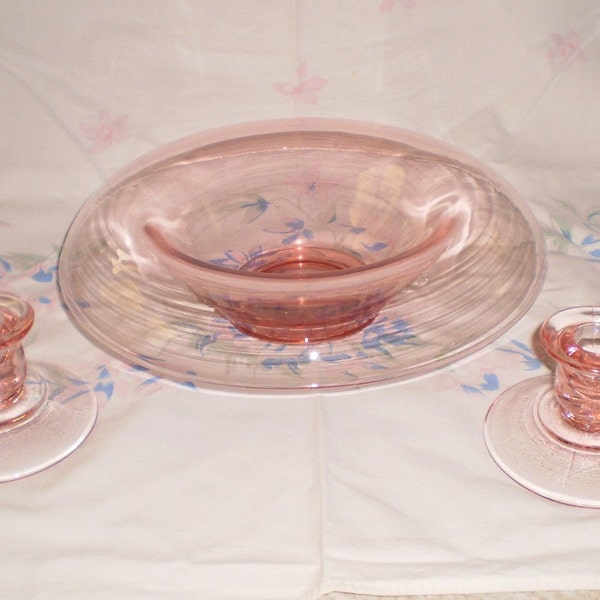 Antique Pink Depression Glass Rolled Edge Center Bowl and Candlesticks-1930's