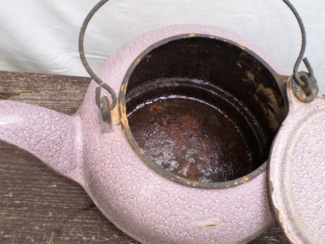 Antique Cast Iron Tea Kettle With Rare Purple Enameled Finish Etsy