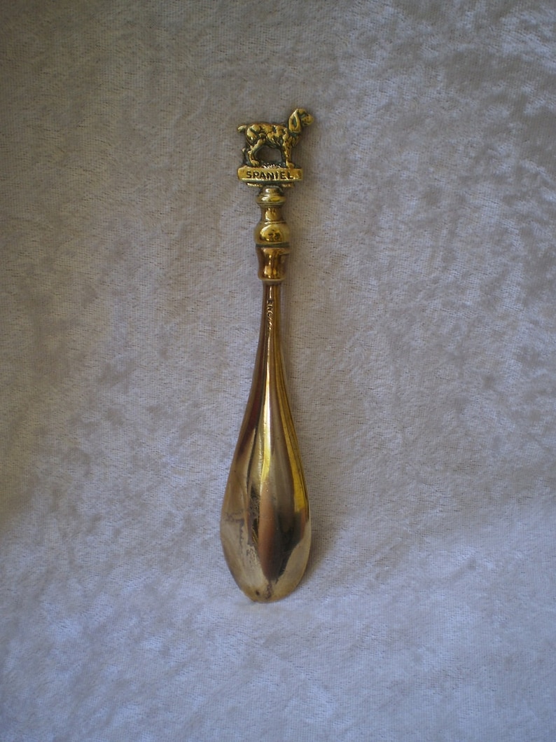 brass shoe horns long handles on Shoes Shoehorns Vintage English Solid Brass Shoe Horn With English Spaniel Dog Figurine 1960 S
