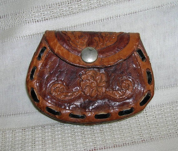 Vintage Leather Tooled Coin Purse Marked Honduras… - image 1