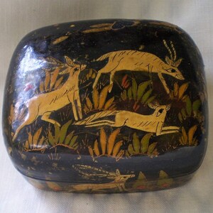 Antique Rare Hand Painted Black Lacquered Trinket Box Gazelles and Hares-1900&#39;s