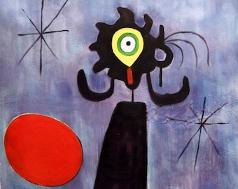 Joan Miró, canvas after his famous "Woman in front of the Sun" work in oil of 1950. Unique art homage to Miro will make an Exclusive Present