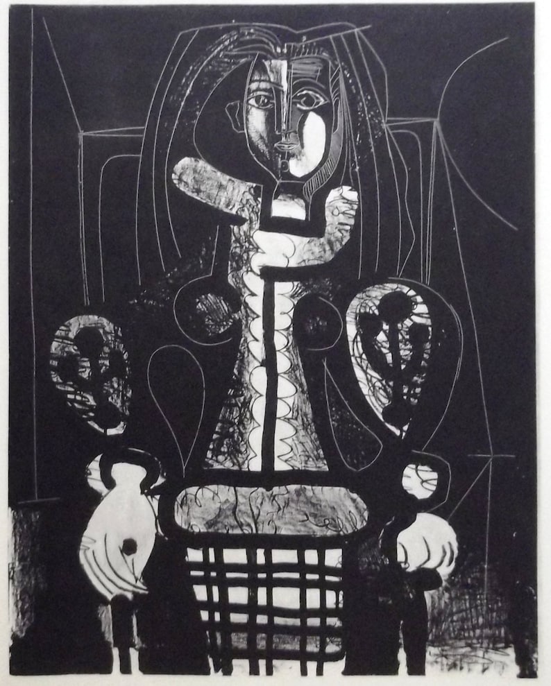 PABLO PICASSO 1950 Lithograph COA. Femme au fauteuil, study no.2, after 1948 Picasso work. Exclusive Rare Art. Unique Gift Idea of Rare Art image 1