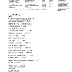 May include: A list of ingredients and color index names for a cosmetic product. The list includes common ingredients like butyl acetate, ethyl acetate, nitrocellulose, and isopropyl alcohol. The list also includes color index names like CI 77000, CI 77891, and CI 15850. The list is followed by a section titled "May Contain:" which lists additional ingredients that may be present in the product.