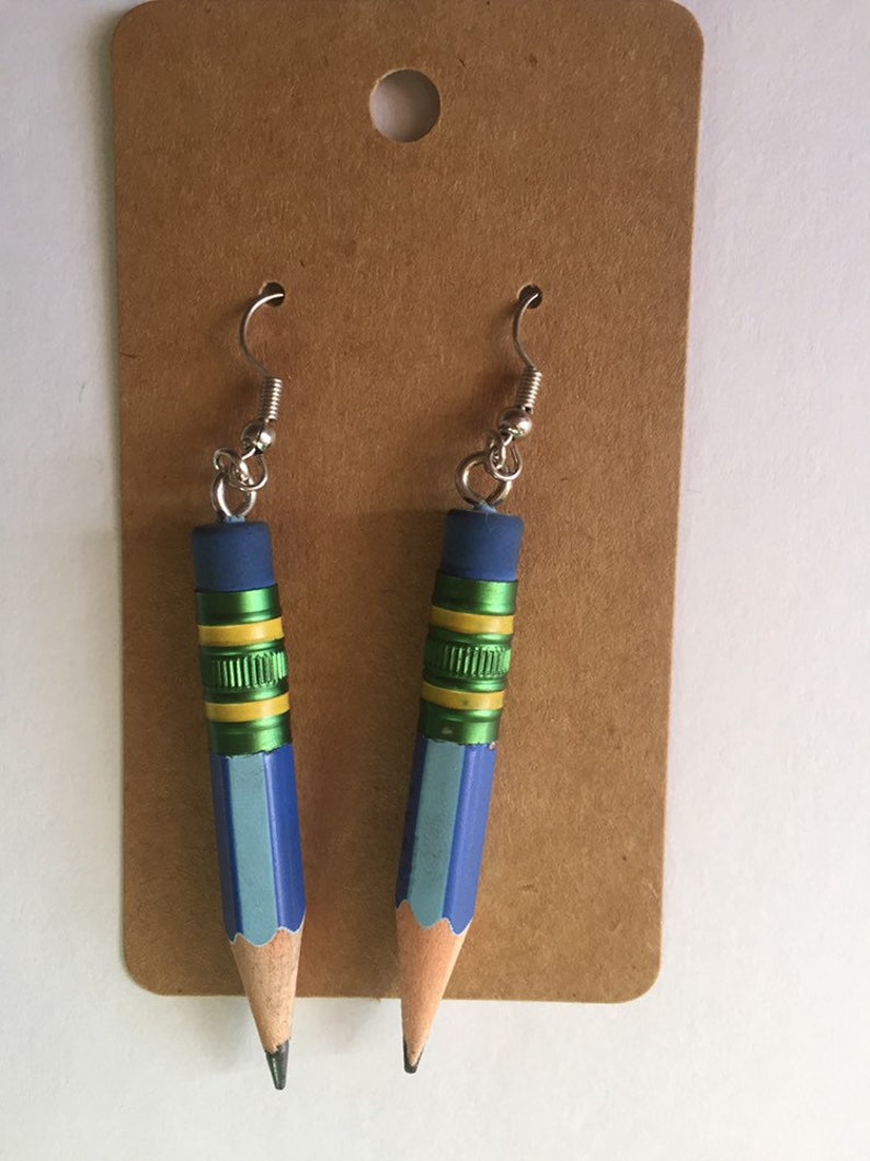 Ticonderoga Pencil Earrings made with REAL pencils Blue