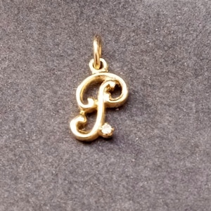May include: A gold-colored pendant in the shape of the letter "P". The pendant has a small, clear gemstone embedded in the lower curve of the letter. The pendant is suspended from a small loop at the top.