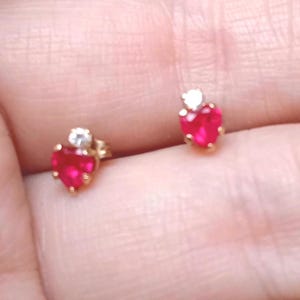 10K gold genuine ruby diamond earrings heart stud  by jeweler Mark A Brown, original backs, hallmarked and signed, minty