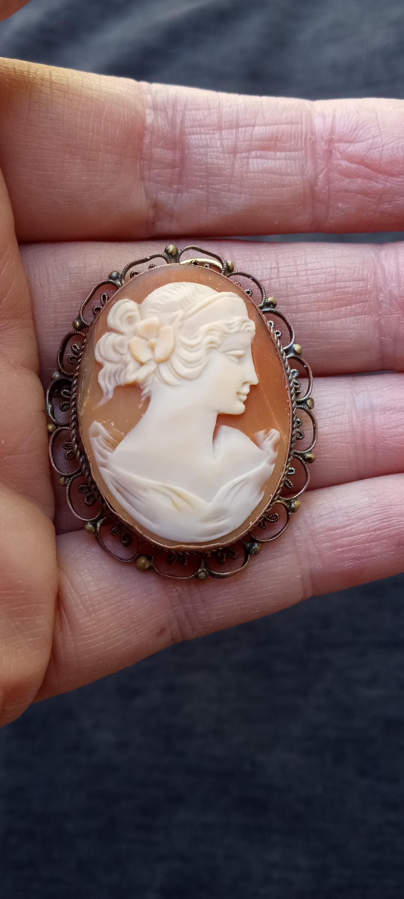 Victorian cameo brooch pendant sterling or silver museum quality carved shell larger filagree pin, gold or goldfilled loop.