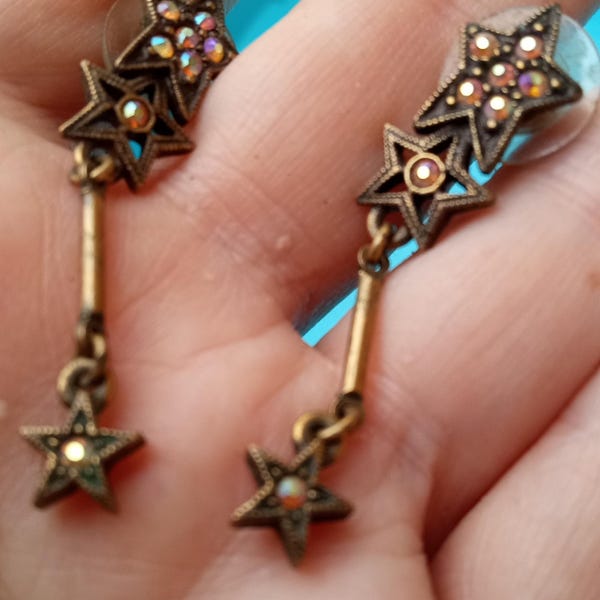 MORE LISTED Vintage Kirk's Folly earrings long star dangles antique gold metal AB crystals Victorian style pierced lever backs.