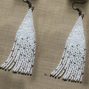 Miyuki Fringe Earrings, handmade woven miyuki delica beads white silver sparkling earrings, jewelry for women's Dangle miyuki earrings