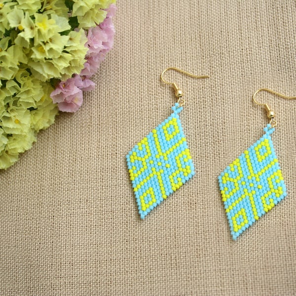 Pendientes Miyuki tejidos a mano, cuentas miyuki delica, pendientes brillantes amarillo turquesa, joyería para mujer, pendientes colgantes miyuki