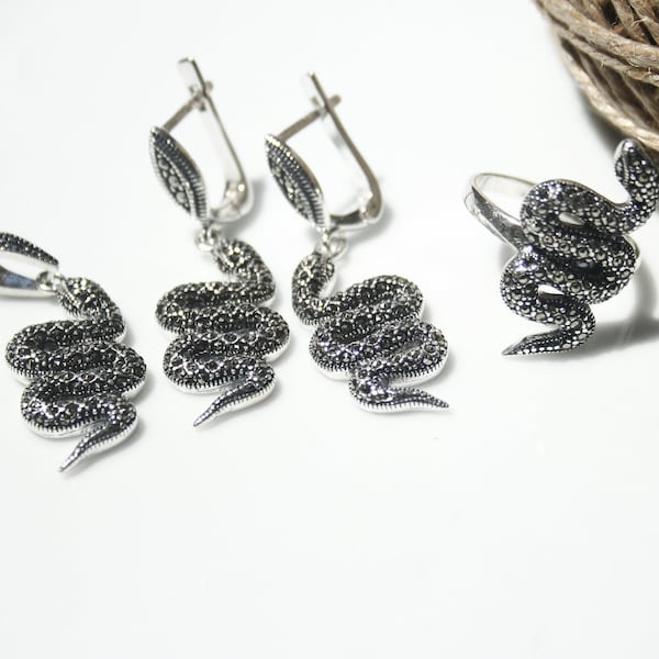 Marcasite Jewelry Set | 925 Sterling Silver Marcasite Set | 925 Marcasite Snake Marcasite Jewelry Set | Womens Gifts | Womens Jewelry