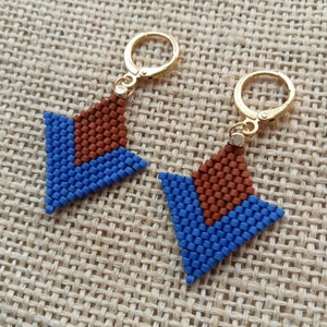 Miyuki Earrings, Blue - Brown Contrast Earrings, Handmade Miyuki Triangle Earrings, Beaded jewelry, Women&#39;s Jewelry, Dangle miyuki earrings