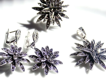 Jewelry Set, Marcasite jewelry Set for Wedding for Womens 925 Sterling Silver Marcasite Set