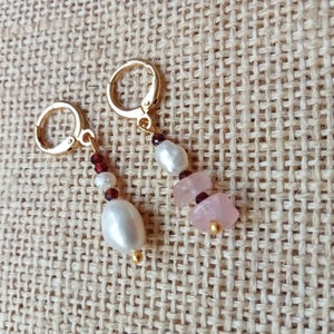 Gemstone earrings, Mismatched dainty earrings, Garnet earrings, womens jewelry, Pink Quartz and Pearl earrings, Handmade Jewelry, Gift idea
