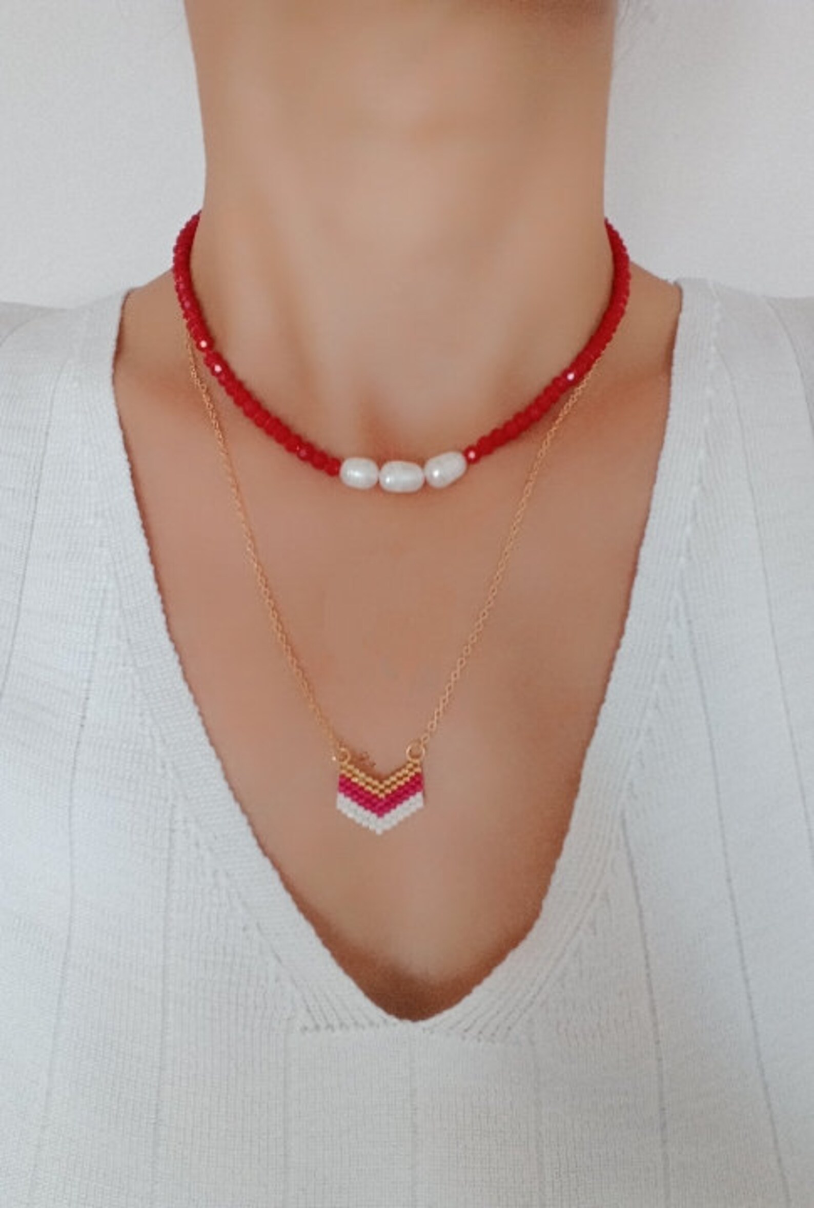 Red String Necklace Red Crystal and Pearl Necklace Choker Etsy