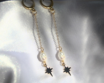 Geniune North Star pearl earrings, Long Chain Earrings, Handmade Pearl Earrings, huggie hoop earrings for Womens, Star Charm Chain Earrings