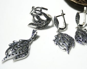 Marcasite Jewelry Set, 925 Sterling Silver Marcasite Set, 925 silver, 925 Marcasite Leaf Earring