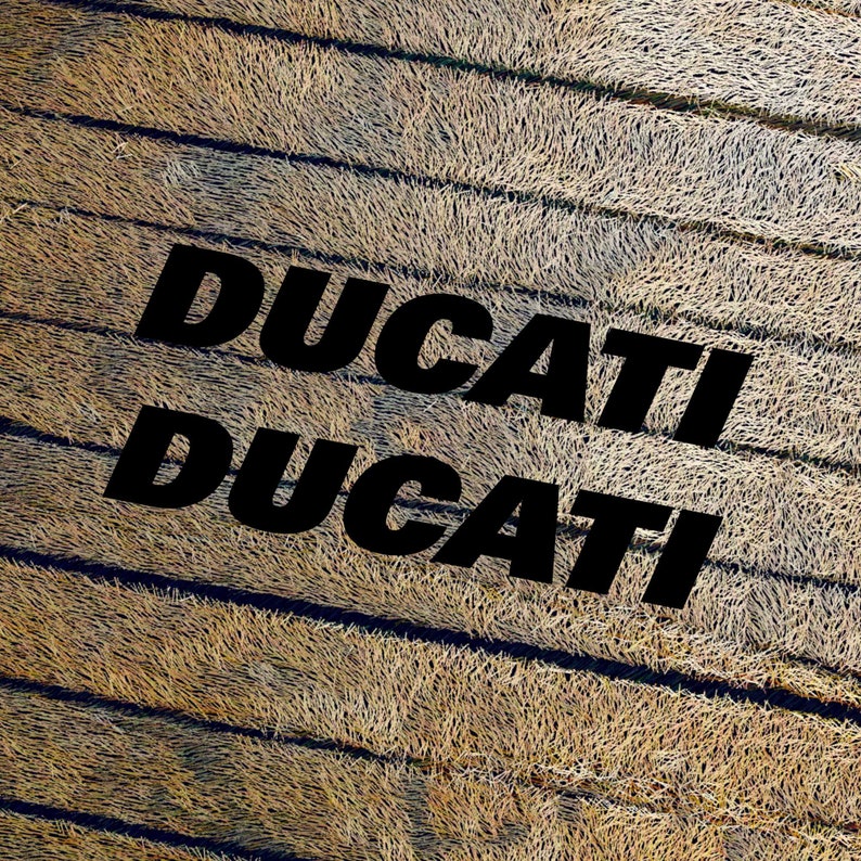May include: An aerial view of a field with the word "DUCATI" written twice in large, bold, black letters. The field is a light brown color and appears to be made up of rows of plants.