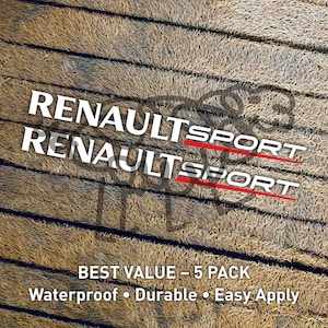 Può includere: Adesivi bianchi "RENAULT SPORT" con una striscia rossa, su uno sfondo marrone strutturato. È visibile anche il testo "BEST VALUE - 5 PACK" e le caratteristiche "Waterproof • Durable • Easy Apply".