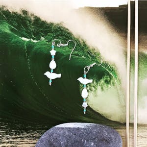 Handmade motherofpearl tiny bird, leaf and star earrings