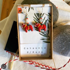 The Little Box of Hygge, Tiny Handmade Dala Horse and Star Earrings.