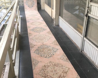 Extra Long Runner Rug,2.7”x25.8”ft/Rug/Ethnic Turkish Rug/Vintage Rug/Boho Rug/Oushak Rug/İnterior and Designer Rug/Distressed Low Pile
