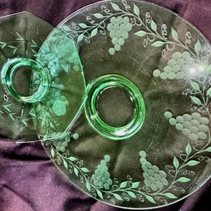 Set of 2 platters Antique Uranium Glass Platters: Grape Vine Floral Pattern