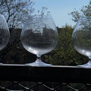 May include: Three clear glass brandy snifters sit on a black metal railing with a view of trees and a blue sky in the background.
