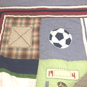 Vintage Pottery Barn Kids Boys Sports Cord Cotton 85x83 Hand stitches patchwork Quilt
